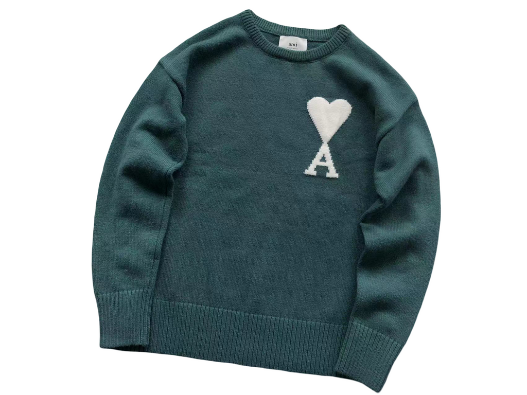 AMI Paris Maxi White Heart Knit Sweater Teal