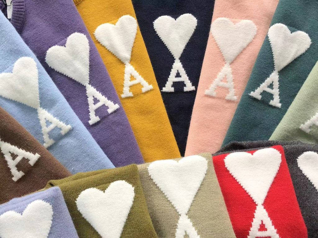 AMI Paris Maxi White Heart Knit Sweater Red