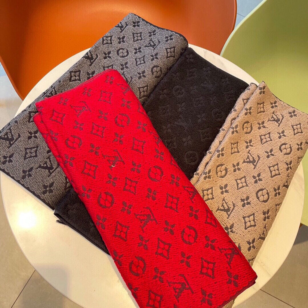 Luxury Monogram Print Knit Scarf for Women - Soft Warm Winter Neck Wrap, Beige and Brown